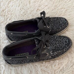 Sperry Sequin Boat Shoes Black Sparkle Lace-Up Flats 100%Wool